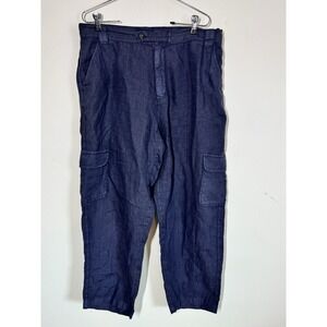 Rachel Zoe Women's Wide Leg Linen Cargo Pants Navy Cropped Pull On Size XL Beach